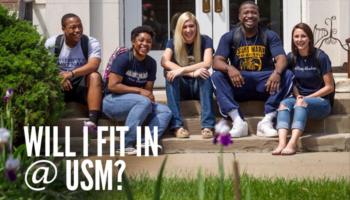 five students sitting on steps with text 'will i fit in @ usm?'