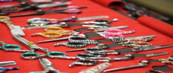 variety of colorful hair clips on red background