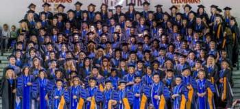 group of graduates in blue gowns and caps