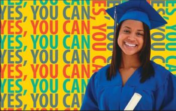 graduate in blue cap smiling before 'yes, you can' text background