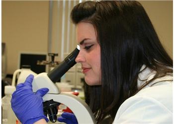 student using a microscope in a lab