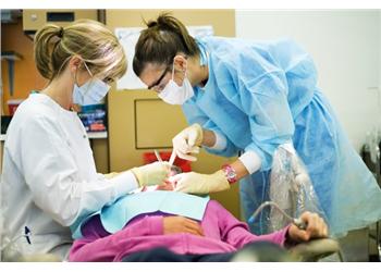 two dental students practicing on a patient