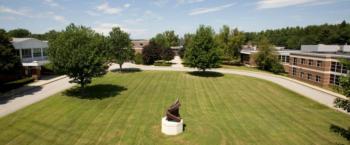 aerial view of campus grounds with buildings and walkways