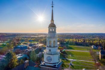 aerial view of college campus with prominent spire