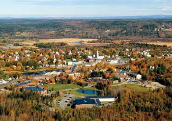 aerial view of a campus with autumn foliage