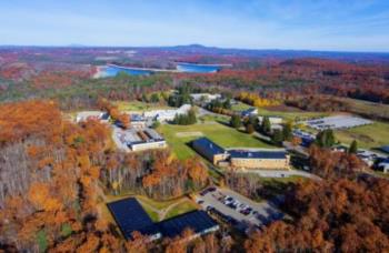 aerial view of campus with autumn foliage