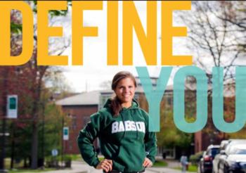 student in babson hoodie with 'define you' text overlay