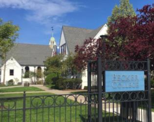 gate with 'becker college' sign and campus building