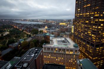 evening city view with lit buildings