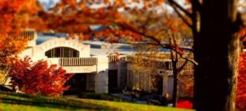 building with autumn foliage