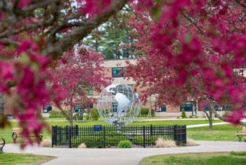 sculpture through blooming cherry blossoms