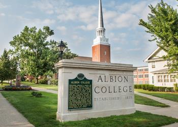 albion college entrance sign with historical plaque