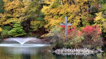 pond with fountain surrounded by autumn foliage