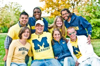 group of students in 'michigan dearborn' apparel