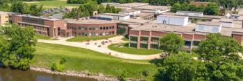 aerial view of campus buildings and green spaces