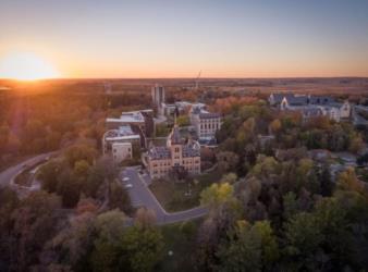 aerial view of a campus at sunset