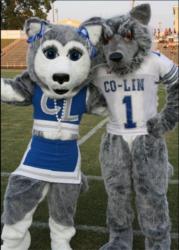 mascots in cheerleading and football outfits with 'co-lin' text