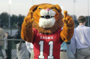 mascot in lion costume doing number one sign at sports event