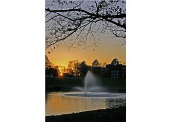 sunset over campus with fountain