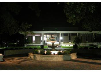 night view of an illuminated fountain and building