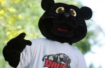 mascot in costume doing hand gesture with 'drury' on shirt