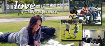 'i will love my college experience' with students studying and playing outdoors