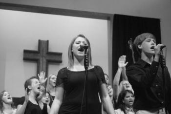 choir performance in black and white