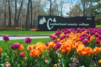 colorful tulips in front of 'cumberland county college' sign