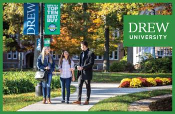 students walking on campus with 'drew university' and accolades