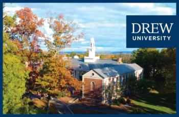 aerial view of campus in autumn with 'drew university' logo