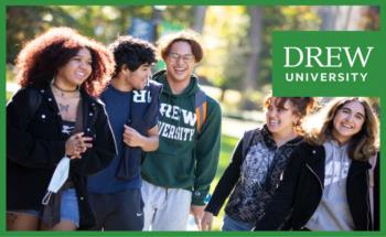 group of students walking with 'drew university' logo