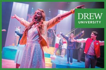 theatrical performance with actress singing with 'drew university' logo