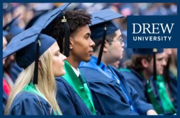 graduation ceremony with students in caps and gowns with 'drew university'