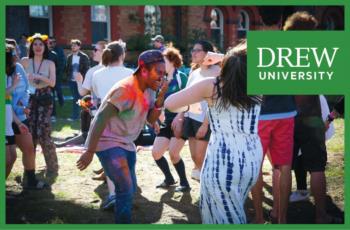 students enjoying a colorful outdoor event with 'drew university' logo