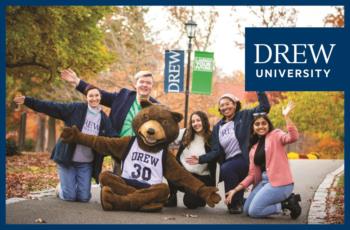 mascot and students cheering with 'drew university' logo