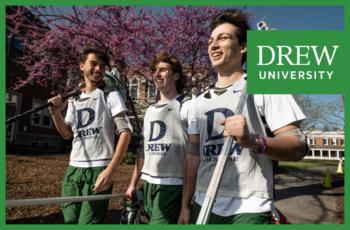 lacrosse players smiling with 'drew university' branding