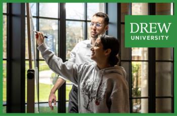 students engaged in learning with a 'drew university' backdrop