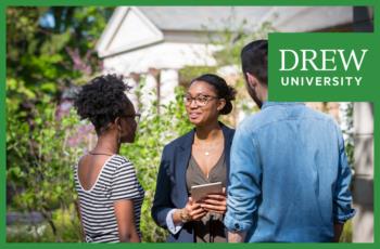 outdoor student mentorship session with 'drew university' logo