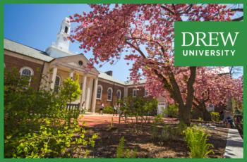 campus building with cherry blossoms 'drew university'