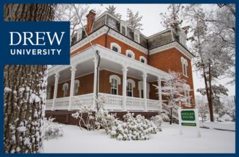 historic snow-covered house with 'drew university' logo