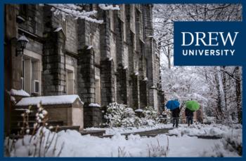 snowy campus scene with 'drew university' logo