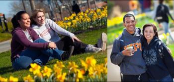 two images of students on campus, flowers in foreground