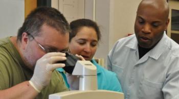 three people with one looking through a microscope