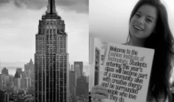 black and white collage of a skyscraper and a student holding a sign