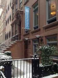 snowy building with banner