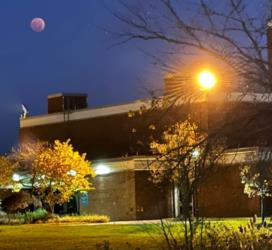 night view of a campus building with lit windows and fall leaves