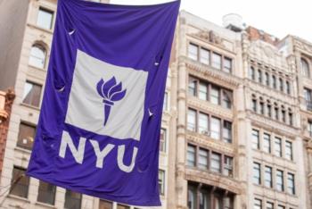 purple 'nyu' banner in front of campus buildings