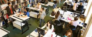 classroom with students and art desks