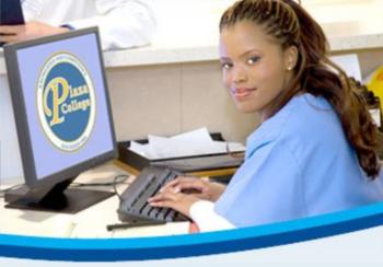 woman at an information desk with 'Plaza College' on monitor