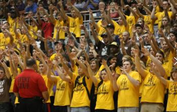 crowd in yellow cheering at a sports event